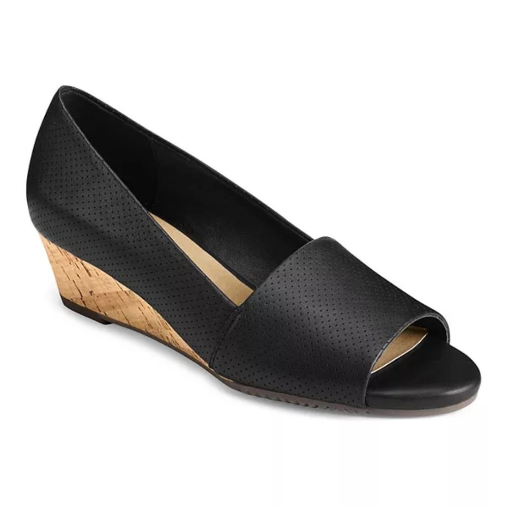 Aerosoles Womens Size 6.5 Black Faux Vegan Leather Peep Toe Cork Wedges Shoes